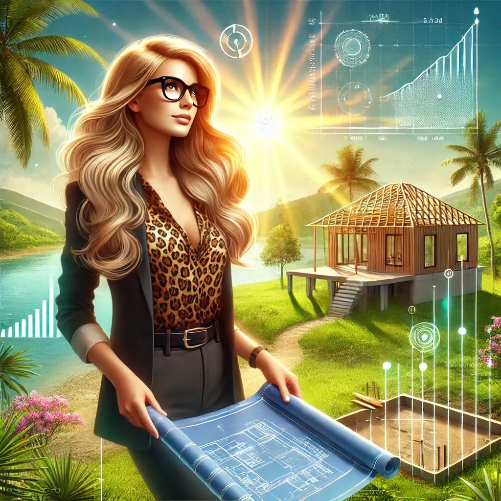 DALL·E 2024-12-05 17.44.23 - A professional, modern illustration of a blonde woman standing on a tropical, sunny piece of land in Florida, near a serene lake. The scene includes p